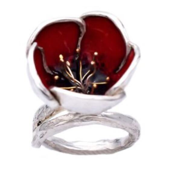 Red Poppy Flower RING & EARRINGS Set 925 Sterling Silver Adjustable Size - Picture 6 of 14